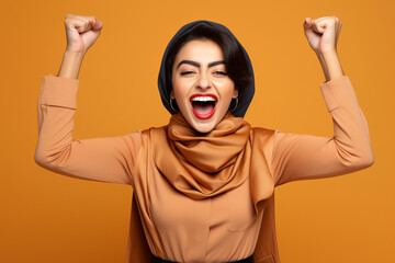 Joyful and excited young Muslim woman screaming and raising her hands up. AI generated.