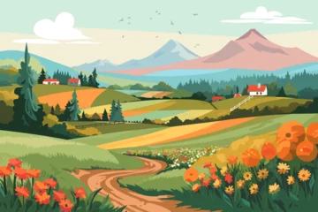 Wall murals Pistache Beautiful rural landscape of mountains, fields, meadows, flower field, forest and sweet home. Landscape in early autumn.