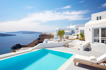 Fototapeta premium Classic white villa on the island of Santorini with a large pool and sea views. AI generated.