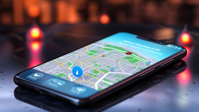 Smartphone navigator with the image of a map of the city lies on the dashboard of a car. AI generated.
