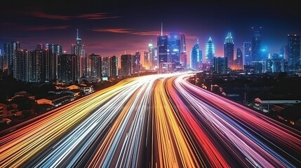 Traffic in the city at night, Skyline road to city, Abstract light background (Ai generated)