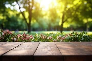 Spring summer beautiful nature background with wooden floor (Ai generated)