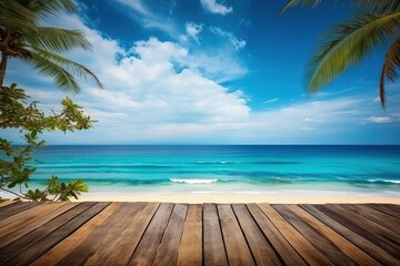 Summer tropical sea with wave and palm leaf, wooden floor for background (Ai generated)