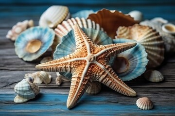 Fototapeta na wymiar Sea shell and starfish, Summer time concept (Ai generated)