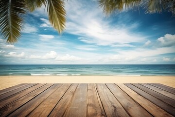 Summer tropical sea with wave and palm leaf, wooden floor for background (Ai generated)