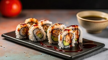 Sushi roll with soy sauce and wasabi (Ai generated)