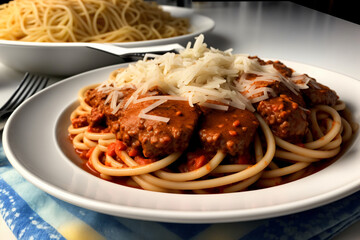 A Plate Of Spaghetti With Meat Sauce And Parmesan Cheese