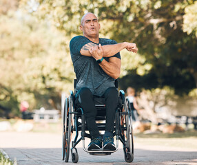 Stretching, training and wheelchair user with man in park for fitness, workout and health. Warm up,...