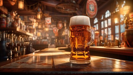 glass of beer on table in bar or pub background, copy space for print, beer images for advertising