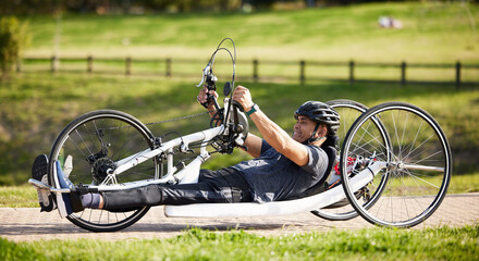Cycling, fitness and health with man and handcycle in nature for training, sports and challenge....