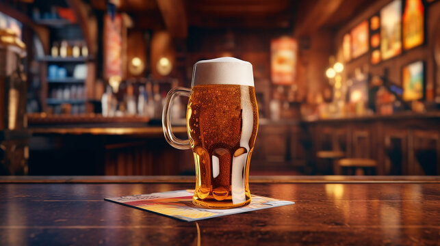 glass of beer on table in bar or pub background, copy space for print, beer images for advertising