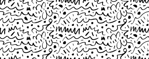 Fun squiggle line doodle seamless banner. Childish charcoal or crayon drawing. Creative abstract squiggle style drawing pattern for kids. Hand drawn scribble wallpaper with curved lines and dots.