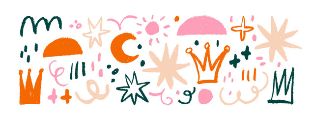 Collection of multi colored various childish style elements. Hand drawn swirls, abstract crowns, charcoal drawn dots, circles and stars isolated on white. Doodle childish colorful illustration.