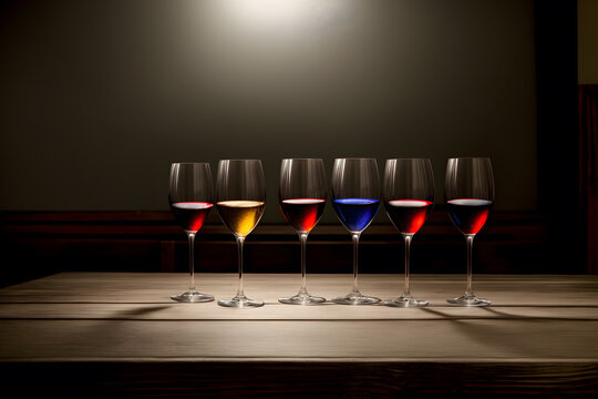 A Row Of Wine Glasses Sitting On Top Of A Wooden Table