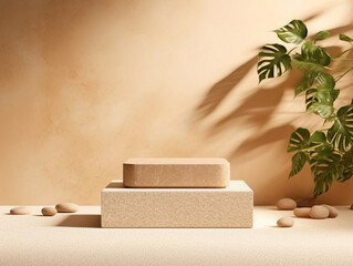 natural podium pedestal product display beige color background cream podium natural stone white and leaf background with texture modern, simple, minimal created with generative AI
