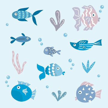 Blue cute cartoon fish and seaweed in flat style. Marine fauna and flora design element