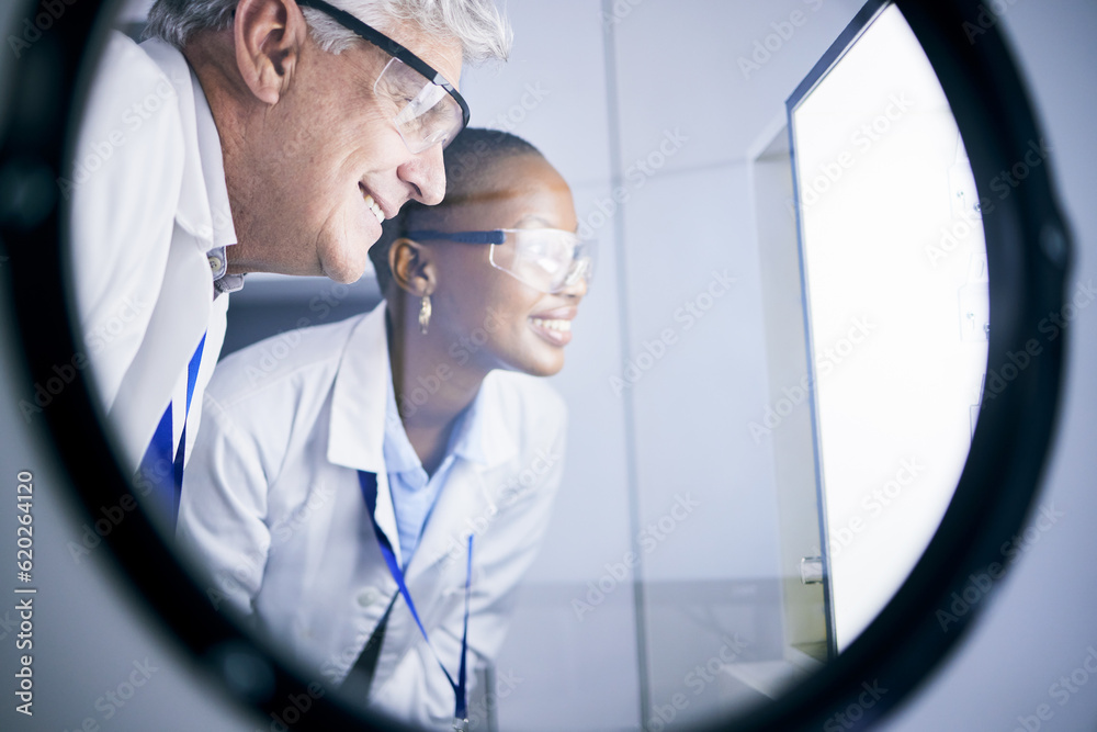 Poster science, research and team scientists in lab working on future data experiment, analysis or test. me