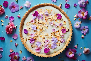 Fototapeta na wymiar Almond Custard Tart adorned with edible flower petals