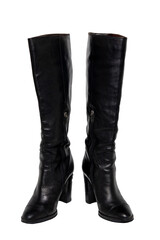 A pair of black elegant female boots or woman shoes isolated on a white background. Leather boots.