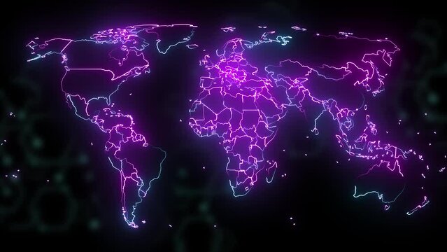 World map animation with flicekring stripes. Drawing neon lines global borders national. Fuutristic modern digital glowing video