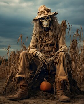 A scarecrow, sitting on a straw mound.