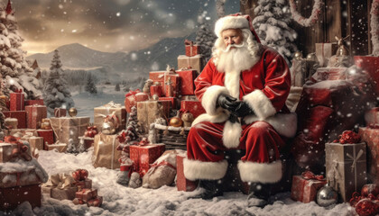 Merry Christmas and happy holidays from Santa Claus in a jolly Xmas scene. Generative AI illustrations
