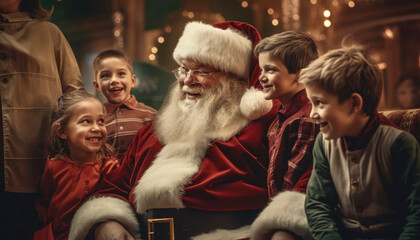 Fototapeta na wymiar Merry Christmas and happy holidays from Santa Claus in a jolly Xmas scene. Generative AI illustrations