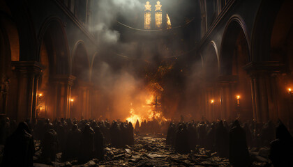 Tenebrist recreation of a big fire inside a big cathedral with people with robes. Illustration AI - obrazy, fototapety, plakaty