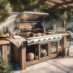 Custom Residential Outdoor Kitchen with Beautiful Wood Accents and Natural Vegetation