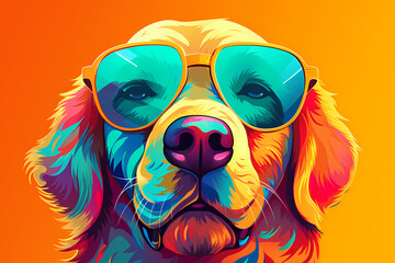 Cute Golden Retriever wearing Sunglasses, Colorful Yellow Background, AI-Generated Image	