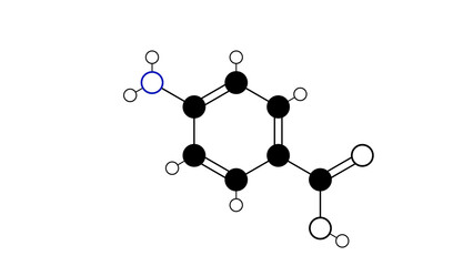 4-aminobenzoic acid molecule, structural chemical formula, ball-and-stick model, isolated image vitamin b10