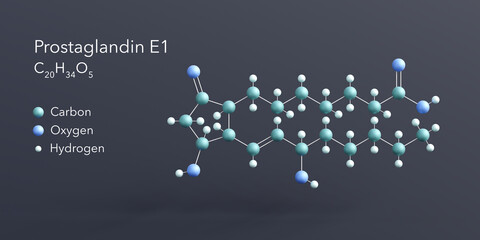 prostaglandin e1 molecule 3d rendering, flat molecular structure with chemical formula and atoms color coding