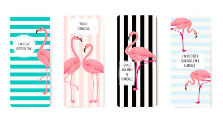 Flamingo and geometric elements bookmarks set with quotes in pastel colors, universal templates kit, modern design - obrazy, fototapety, plakaty