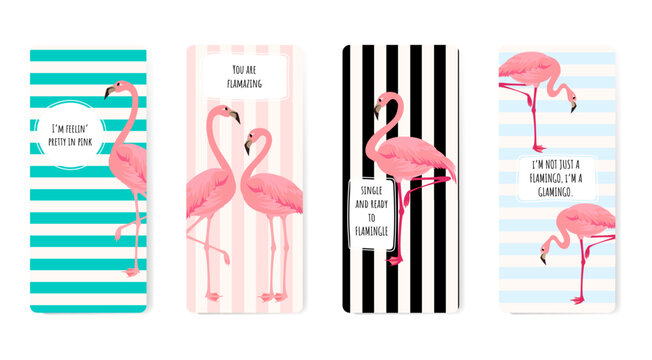 Flamingo and geometric elements bookmarks set with quotes in pastel colors, universal templates kit, modern design