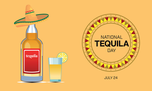 National Tequila Day design with a bottle and a glass of tequila with a Mexican sombrero hat. Vector illustration