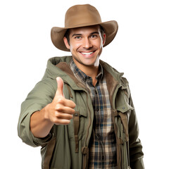 Handsome young man explorer farmer thumbs up isolated - Generative AI