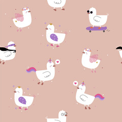 Seamless pattern with white cute ducks. Childish print. Vector hand drawn illustration.