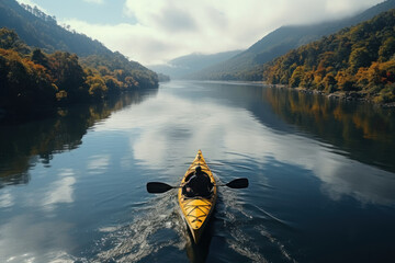 A man is sailing in a boat on the river. AI generative.