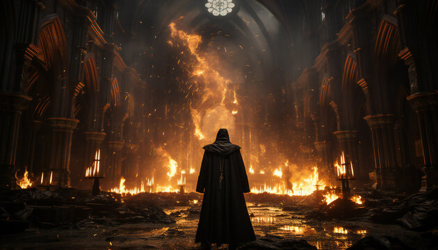 Tenebrist recreation of a big fire inside a big cathedral with a monk with robe and hood from back . Illustration AI