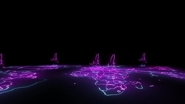 world map with glowing effect and together with wind turbines shows how we can use natural energy sources. but what if the wind doesn't blow.