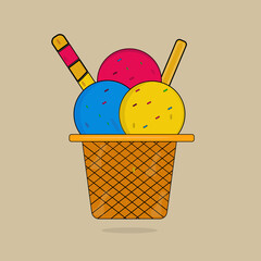 Vanilla Ice cream cup in cartoon style, summer isolated vector illustration