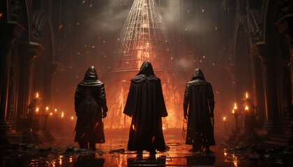 Tenebrist recreation of three monks with robes and hoods seen from back inside a bit temple in fire. Illustration AI - obrazy, fototapety, plakaty