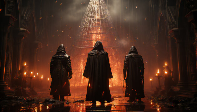 Tenebrist recreation of three monks with robes and hoods seen from back inside a bit temple in fire. Illustration AI