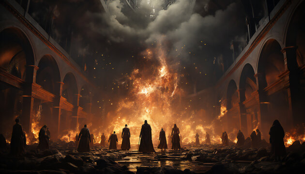 Tenebrist recreation of a big fire with clouds opening inside a big cathedral with people with robe. Illustration AI
