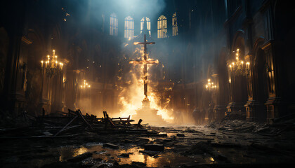 Tenebrist recreation of a big double cross burning inside a cathedral destroyed. Illustration AI - obrazy, fototapety, plakaty