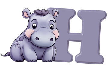 Uppercase letter H with cute hippo illustration, animal alphabet isolated on transparent png background, creative font design for kids education in school, preschool and kindergarten. Generative AI.
