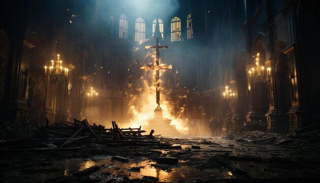 Tenebrist recreation of a big double cross burning inside a cathedral destroyed. Illustration AI