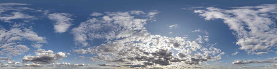 seamless cloudy blue sky hdri 360 panorama view with zenith and clouds for use in 3d graphics or game development as skydome or edit drone shot or sky replacement
