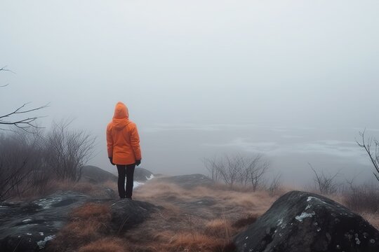 Woman standing at foggy sea traveling adventure (Ai generated)