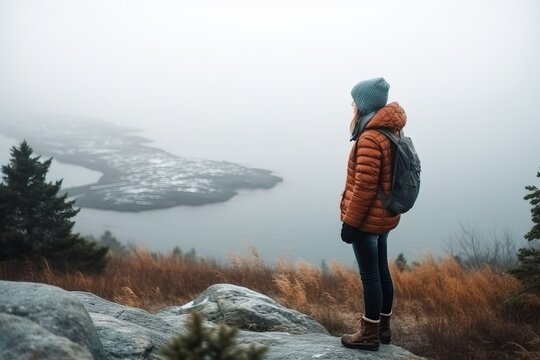 Woman standing at foggy sea traveling adventure (Ai generated)